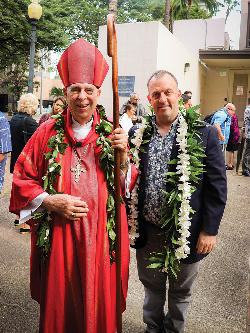 Bishop Larry Silva stands with Hawaii Gov. Josh Green after the annual diocesan Red Mass Jan. 16 at the Cathedral Basilica of Our Lady of Peace. (HCH photo | Jennifer Rector)

